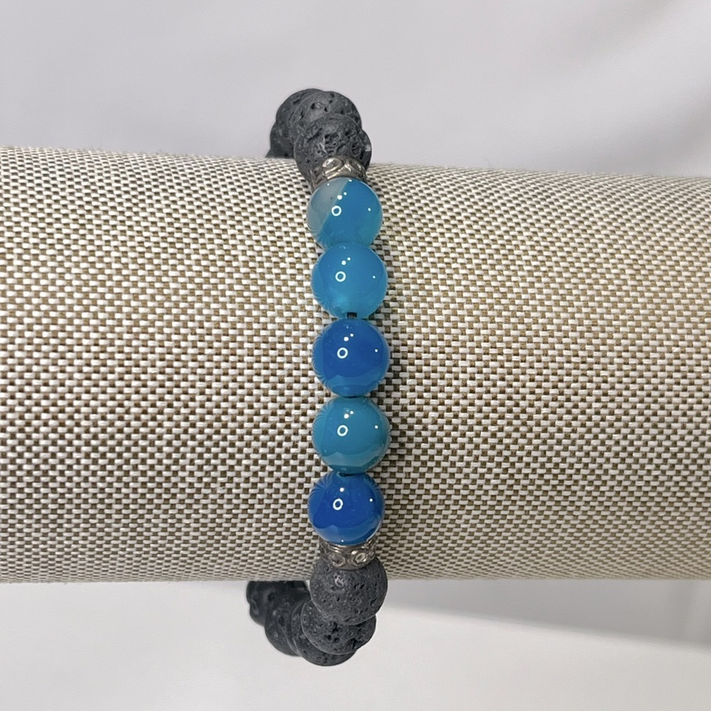 Bracelet Stretchy Boho Beaded Teal Blue & Black Beads-OS
